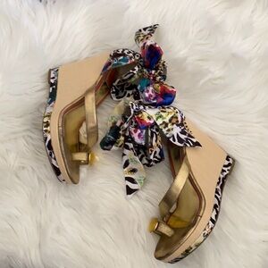 Carlos Falchi Gold multi color scarf Cruz ankle bow wedges